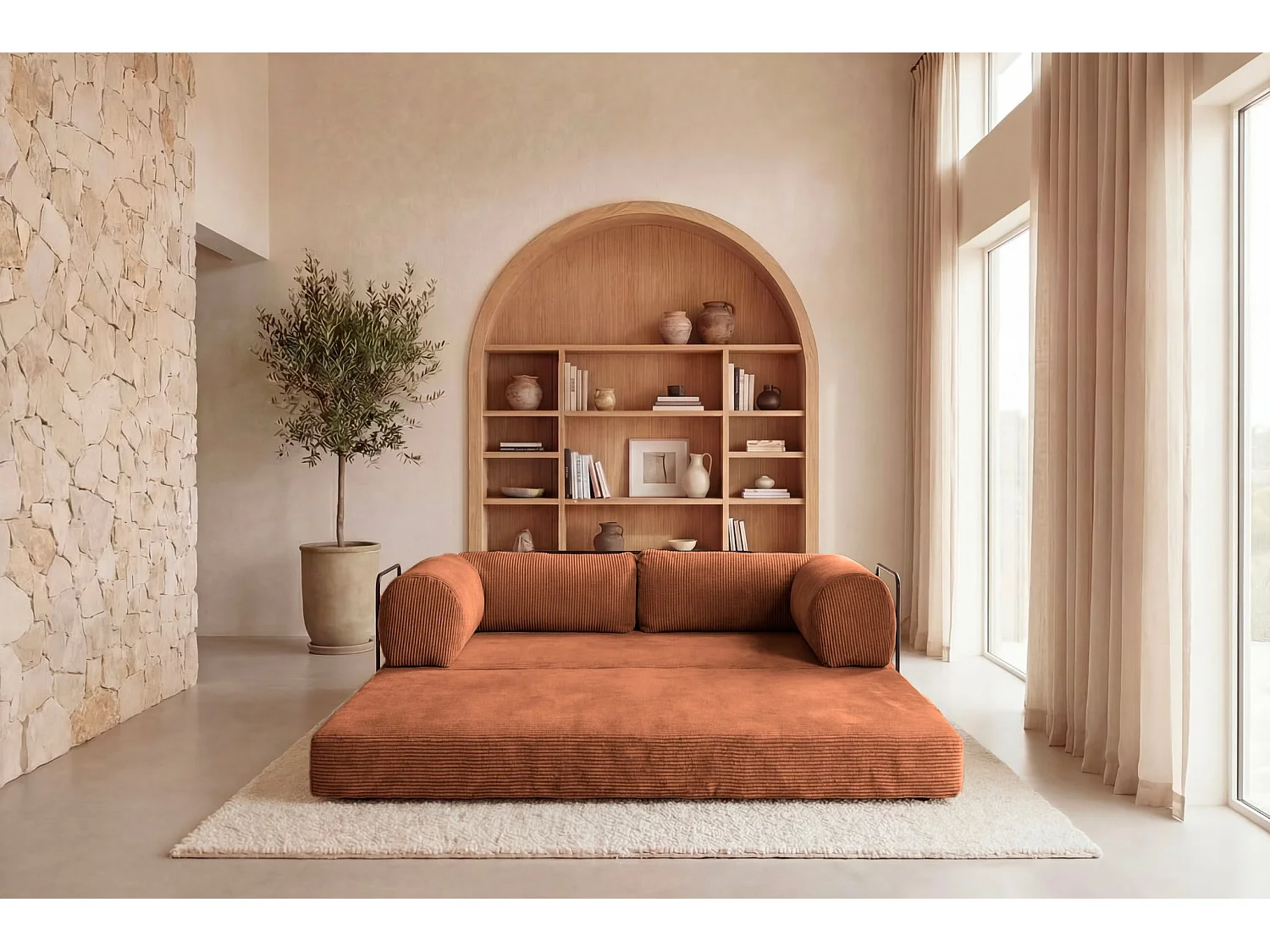 COSIMA - 3-zits corduroy rechte slaapbank - Terracotta