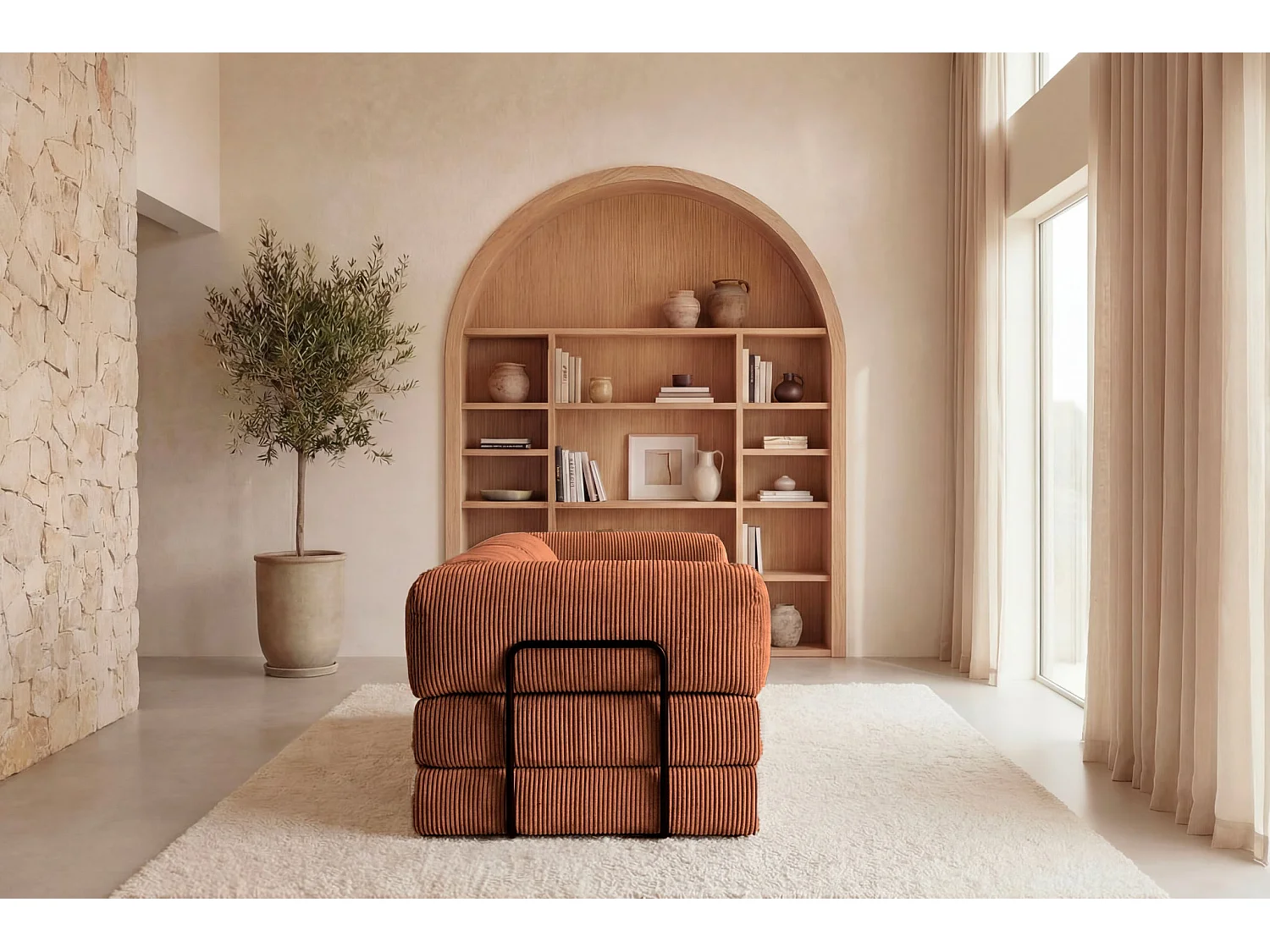 COSIMA - 3-zits corduroy rechte slaapbank - Terracotta