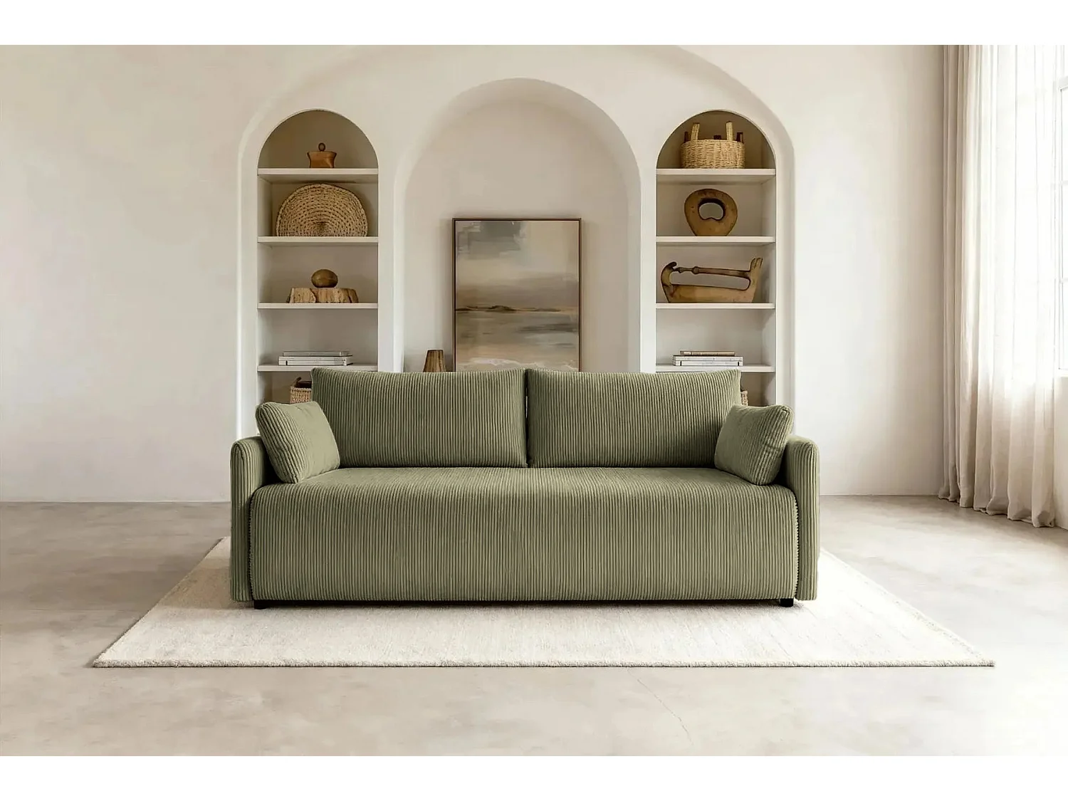 AXELLE - Canapé droit convertible velours côtelé 2 places Vert olive