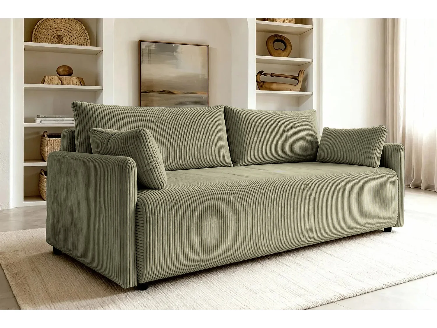 AXELLE - Canapé droit convertible velours côtelé 2 places Vert olive