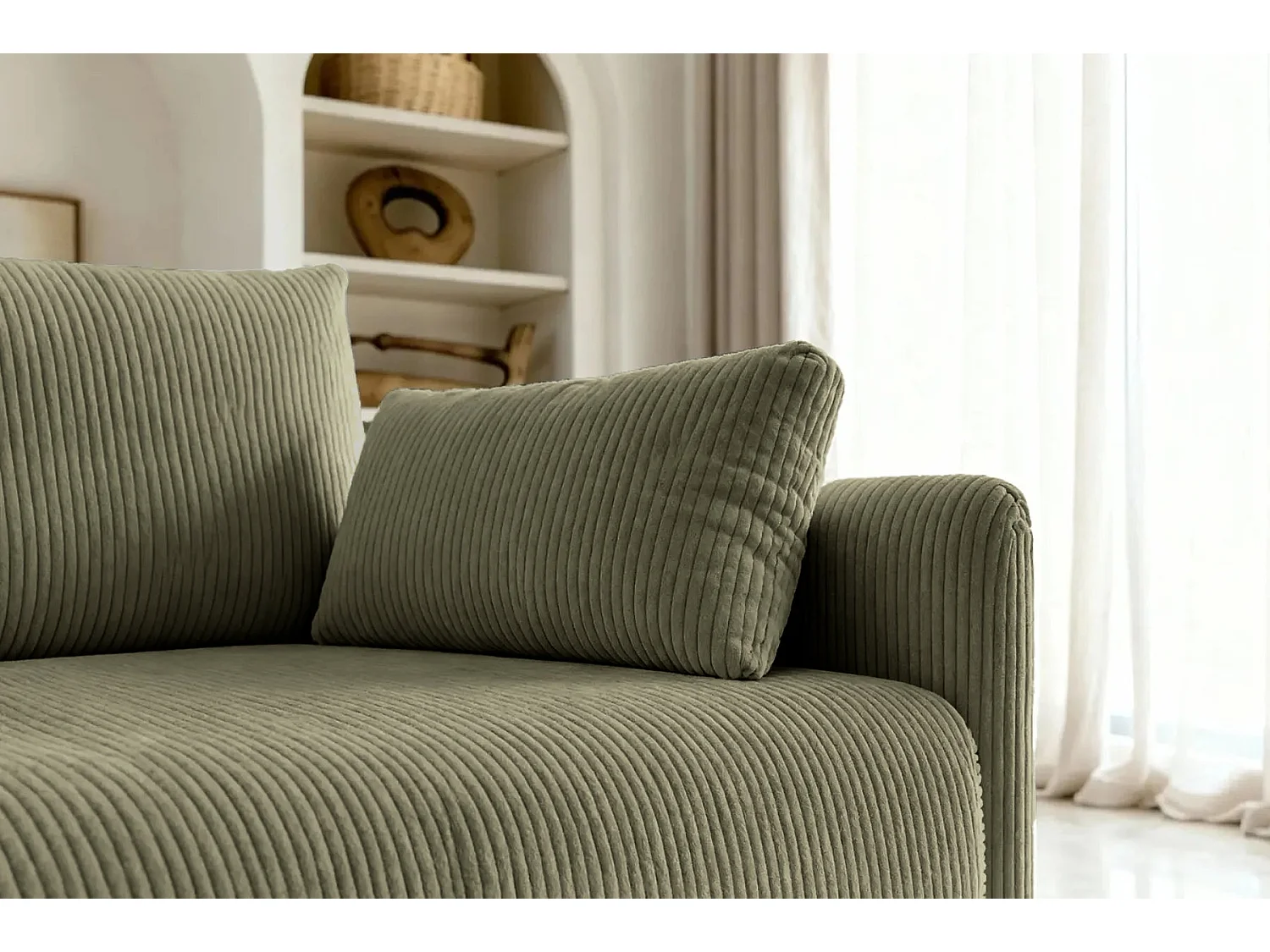 AXELLE - Canapé droit convertible velours côtelé 2 places Vert olive