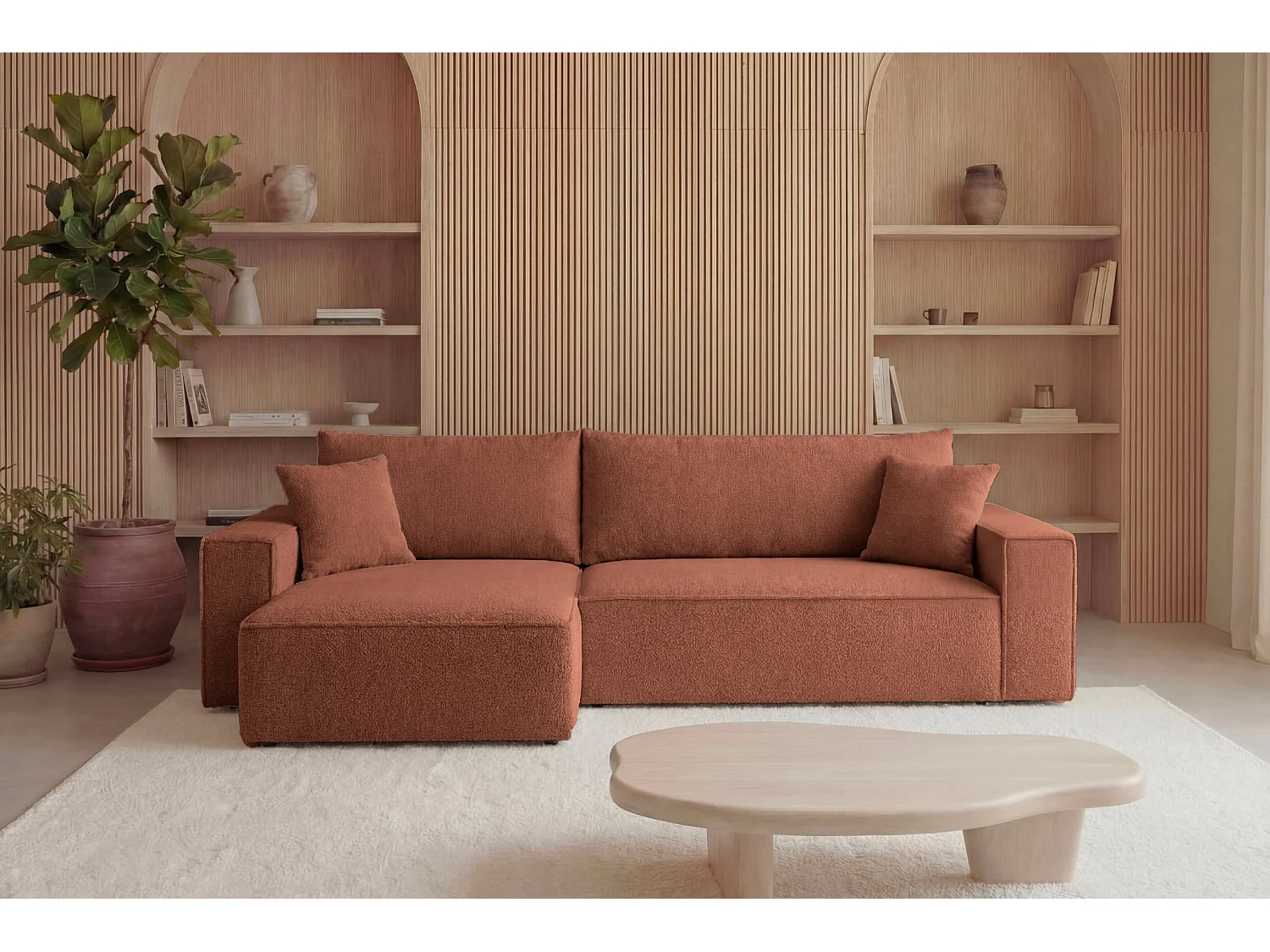 ROMEO XL - Canapé d'angle convertible tissu bouclette Terracotta