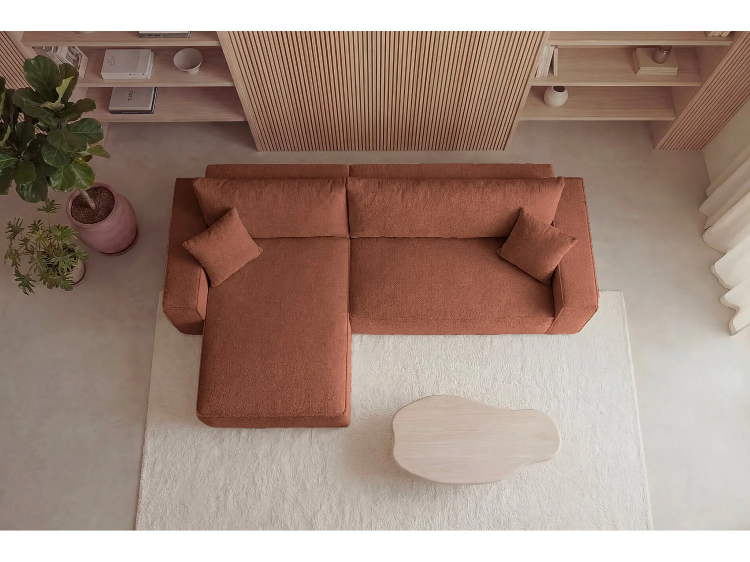 ROMEO XL - Canapé d'angle convertible tissu bouclette Terracotta