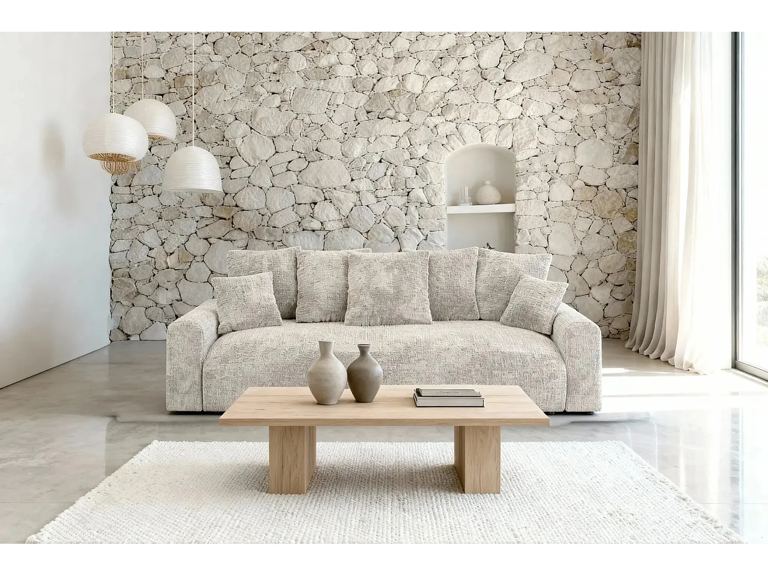 OLI - Canapé droit convertible tissu chenille 3 places Beige