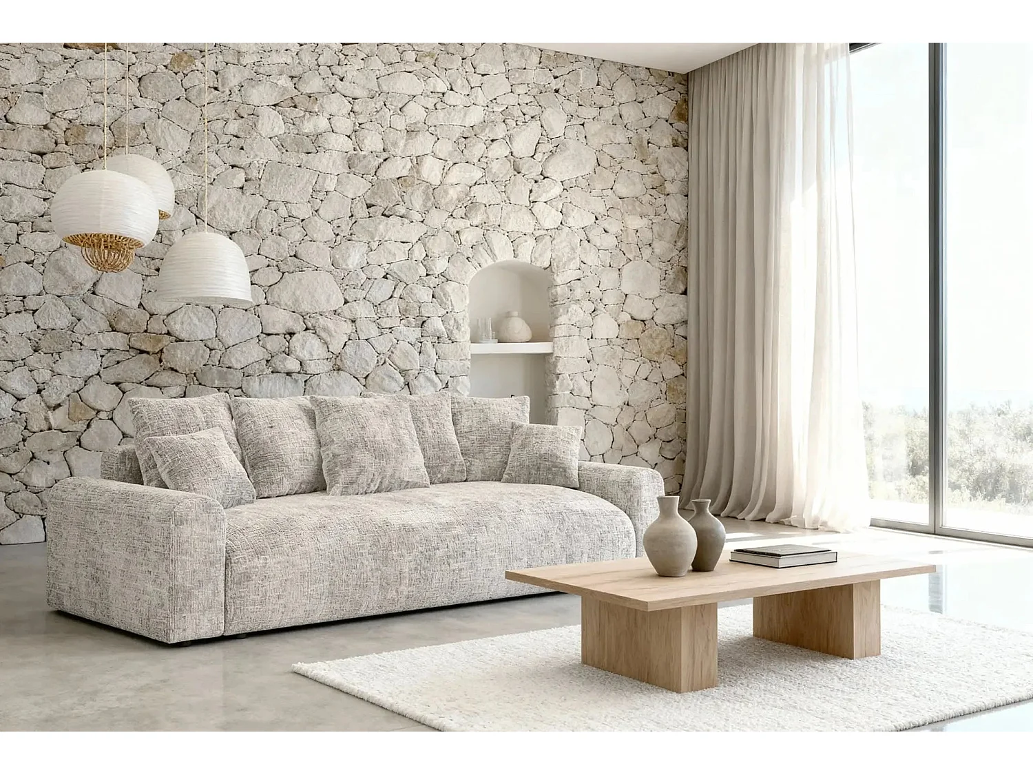 OLI - Canapé droit convertible tissu chenille 3 places Beige