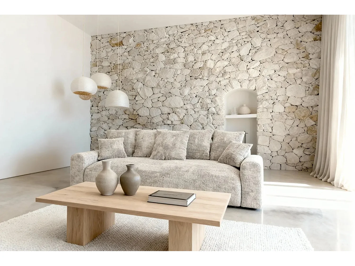 OLI - Canapé droit convertible tissu chenille 3 places Beige