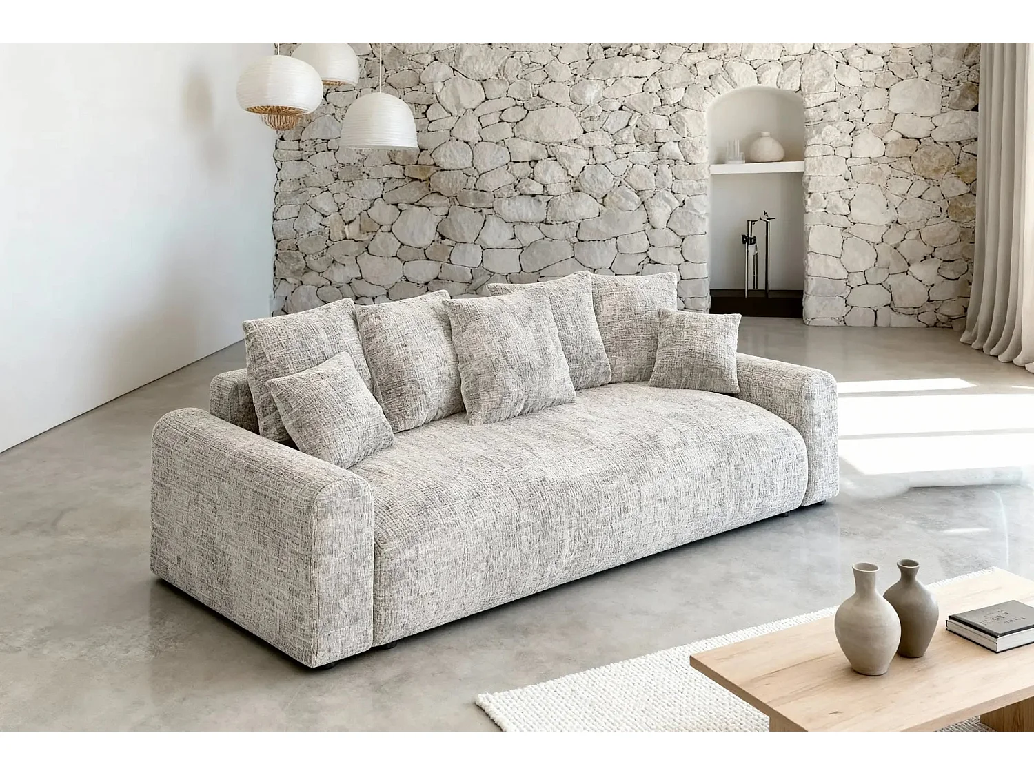 OLI - Canapé droit convertible tissu chenille 3 places Beige