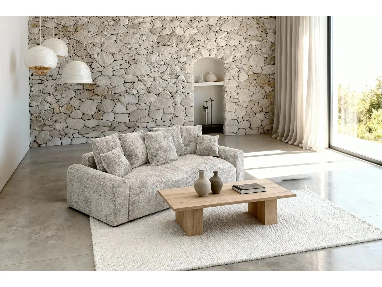 OLI - Canapé droit convertible tissu chenille 3 places Beige