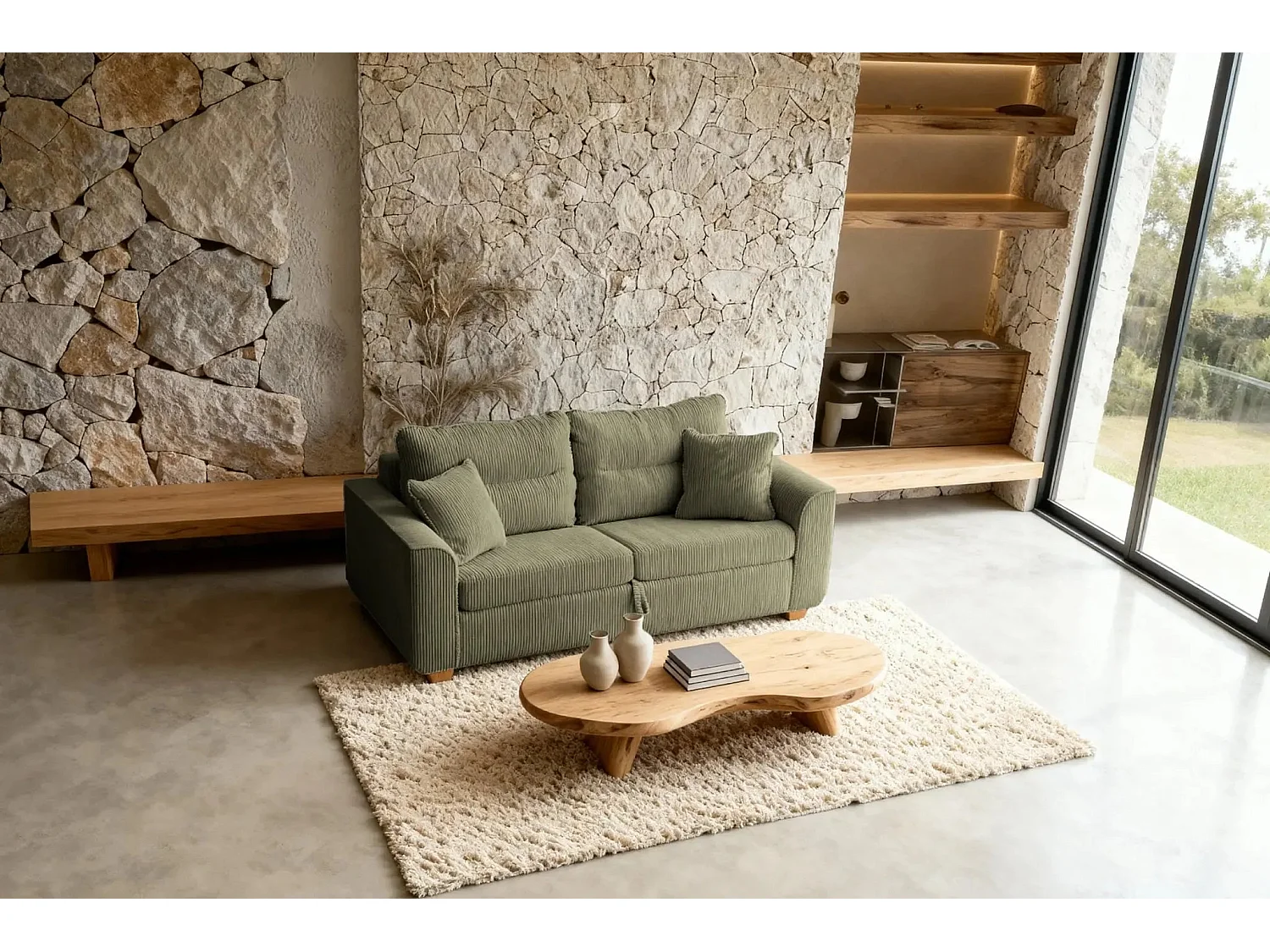 LOULOU - Canapé droit convertible velours côtelé 2 places Vert