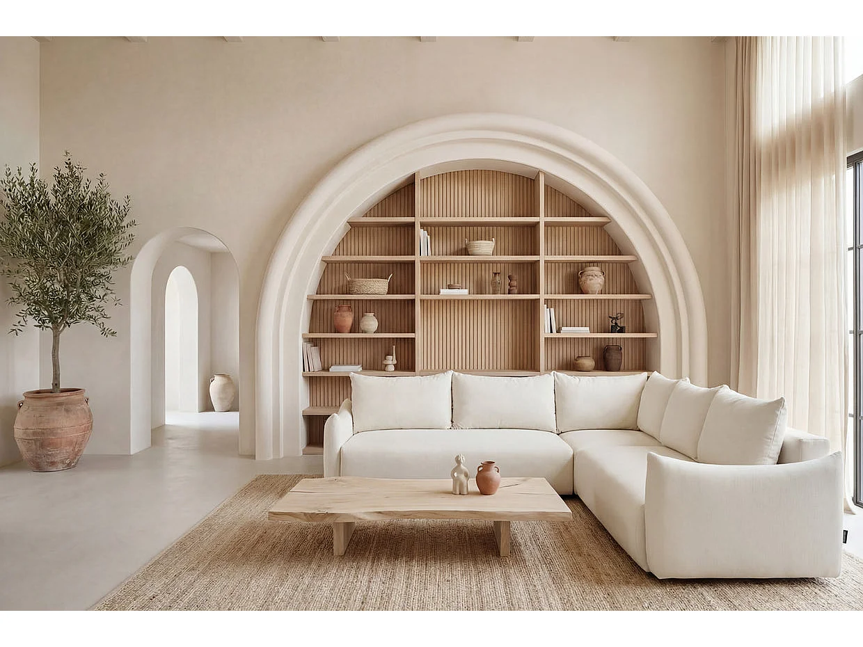 OCEANE - Canapé panoramique convertible tissu doux 5 places Beige