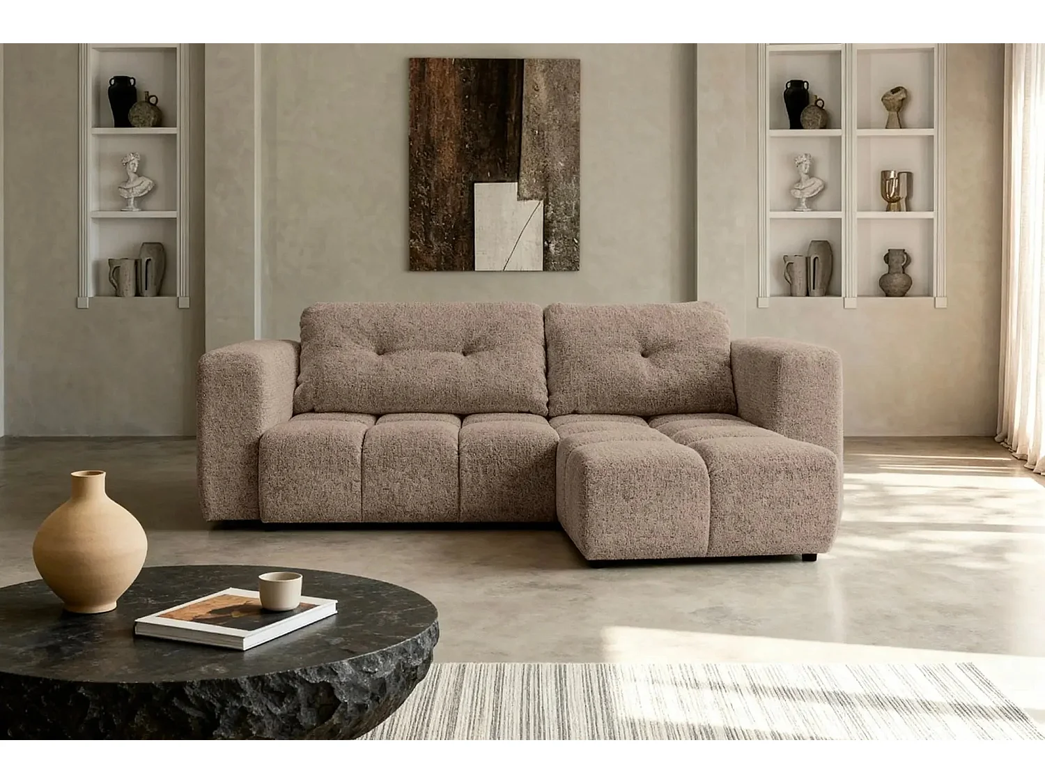 ROMY - Canapé d'angle convertible tissu chenille 3 places Café