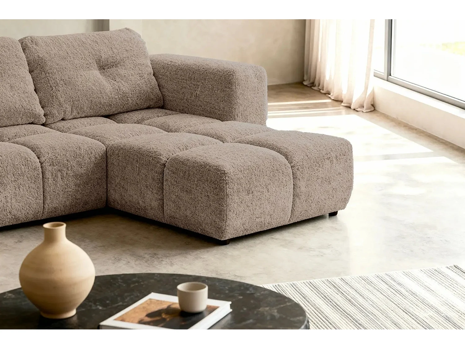 ROMY - Canapé d'angle convertible tissu chenille 3 places Café