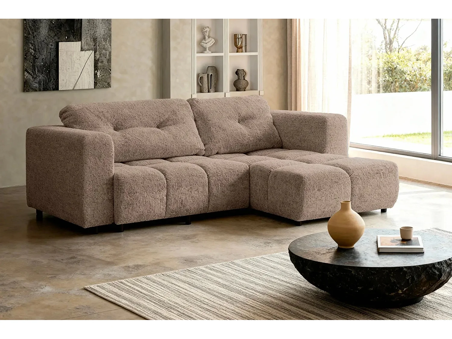 ROMY - Canapé d'angle convertible tissu chenille 3 places Café