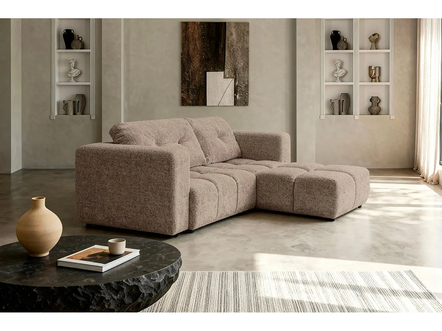 ROMY - Canapé d'angle convertible tissu chenille 3 places Café