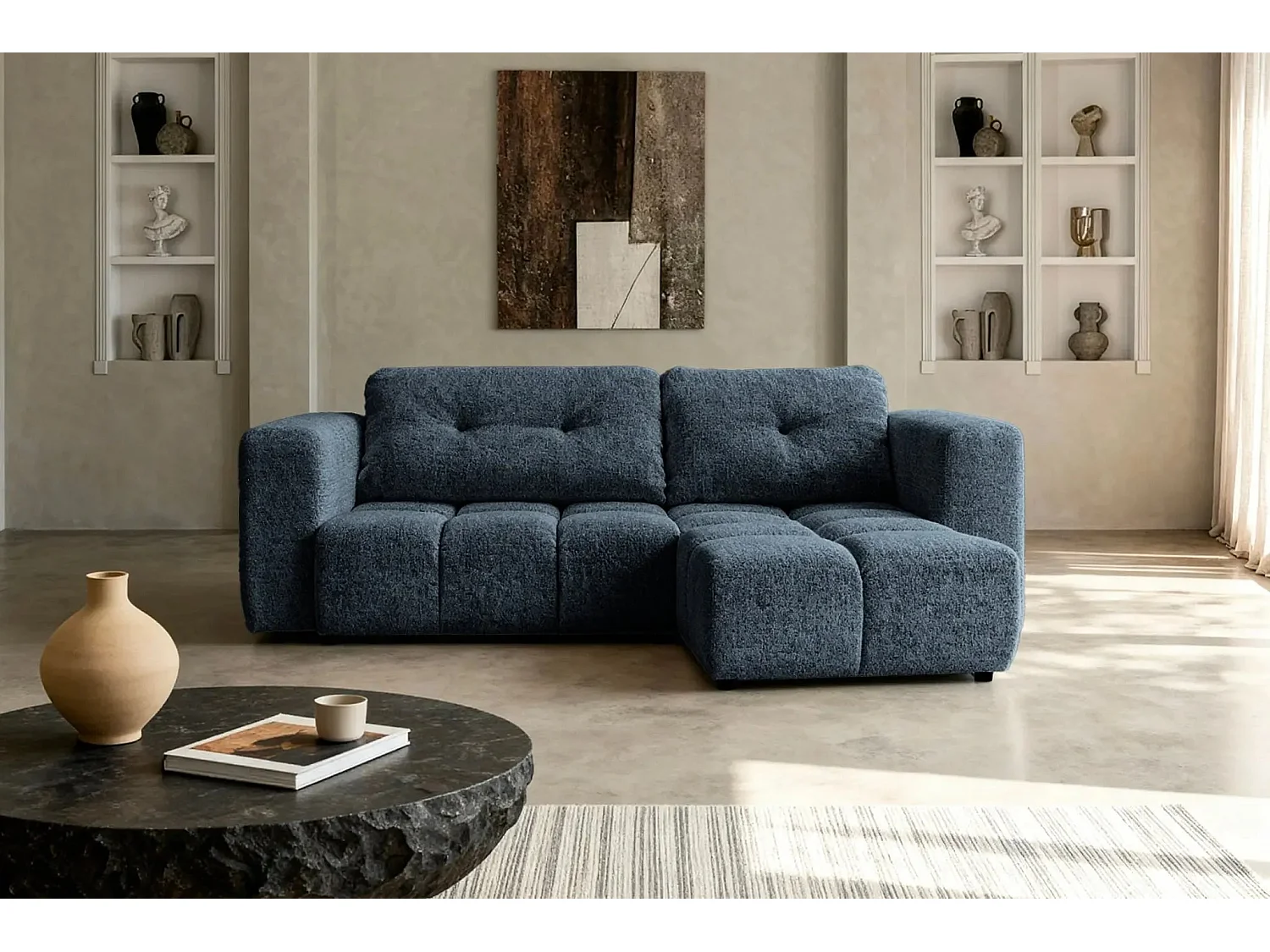 ROMY - Canapé d'angle convertible tissu chenille 3 places Bleu