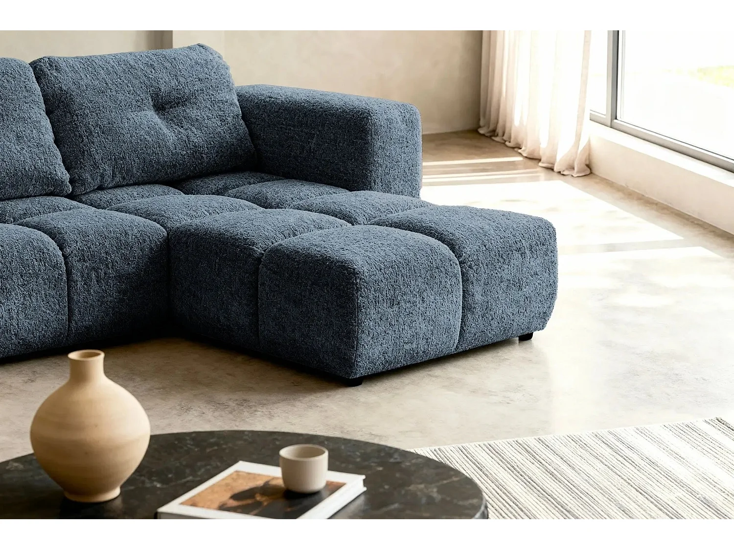 ROMY - Canapé d'angle convertible tissu chenille 3 places Bleu