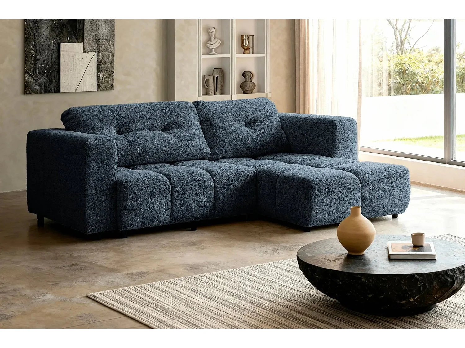ROMY - Canapé d'angle convertible tissu chenille 3 places Bleu