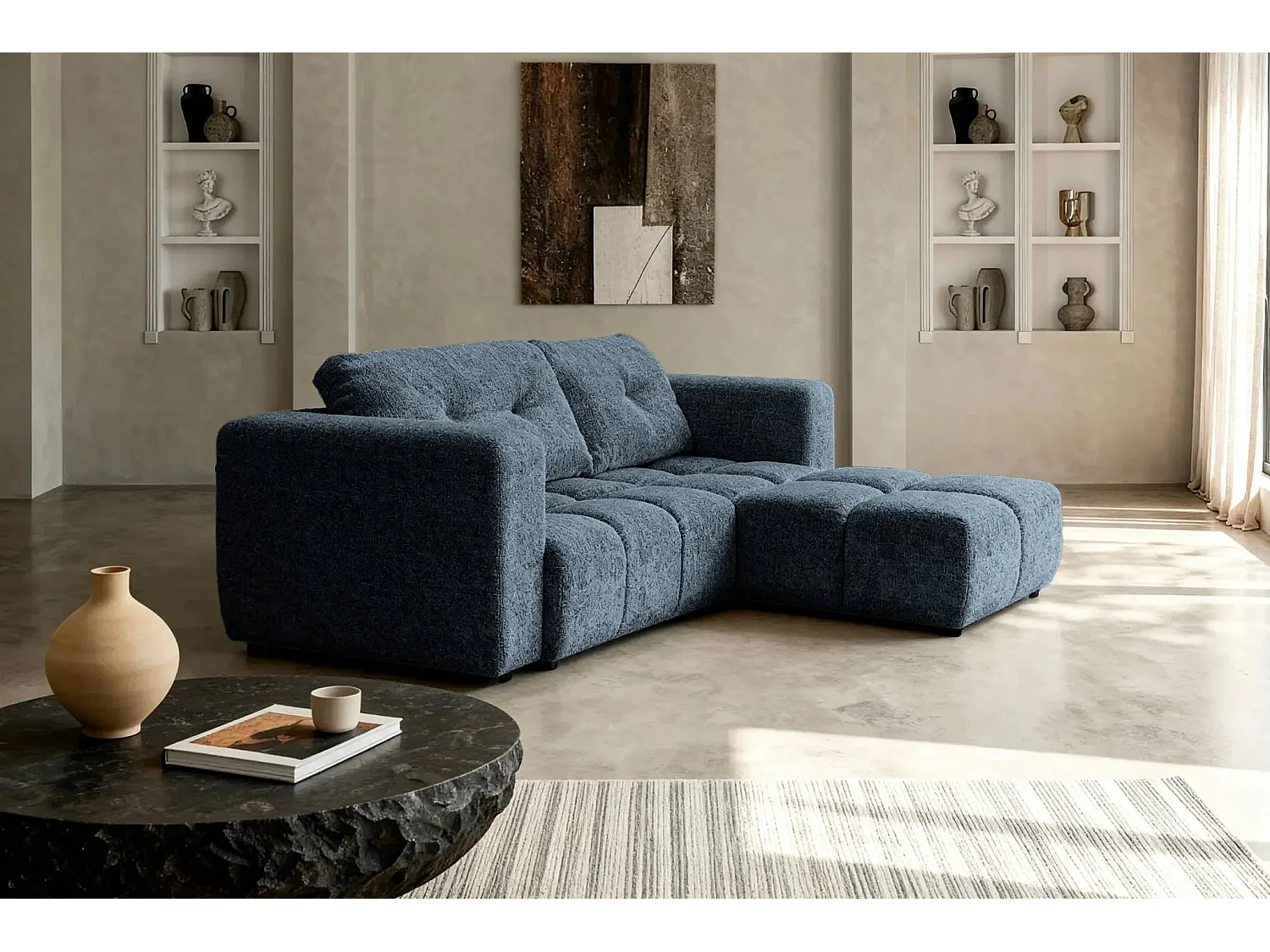 ROMY - Canapé d'angle convertible tissu chenille 3 places Bleu