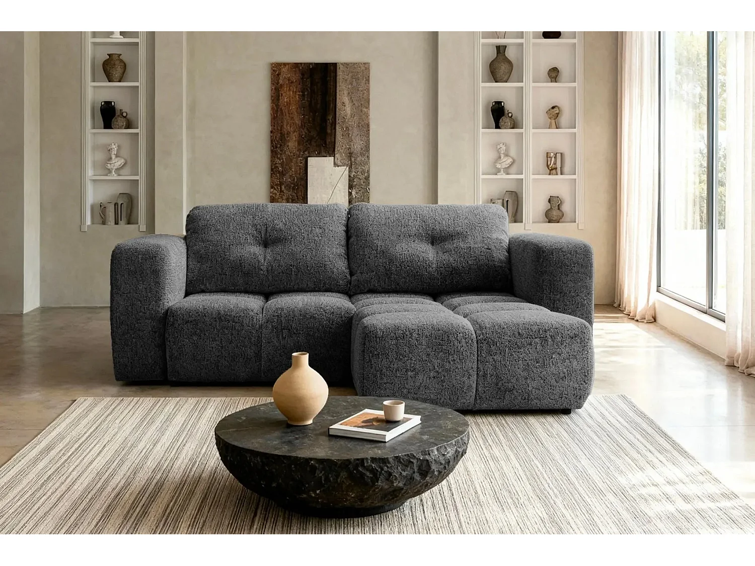 ROMY MINI - Canapé d'angle convertible tissu chenille 2 places Gris foncé