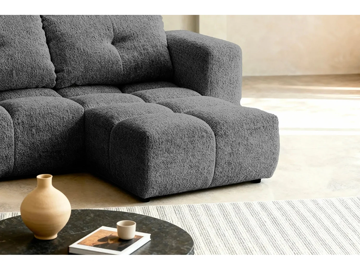 ROMY MINI - Canapé d'angle convertible tissu chenille 2 places Gris foncé