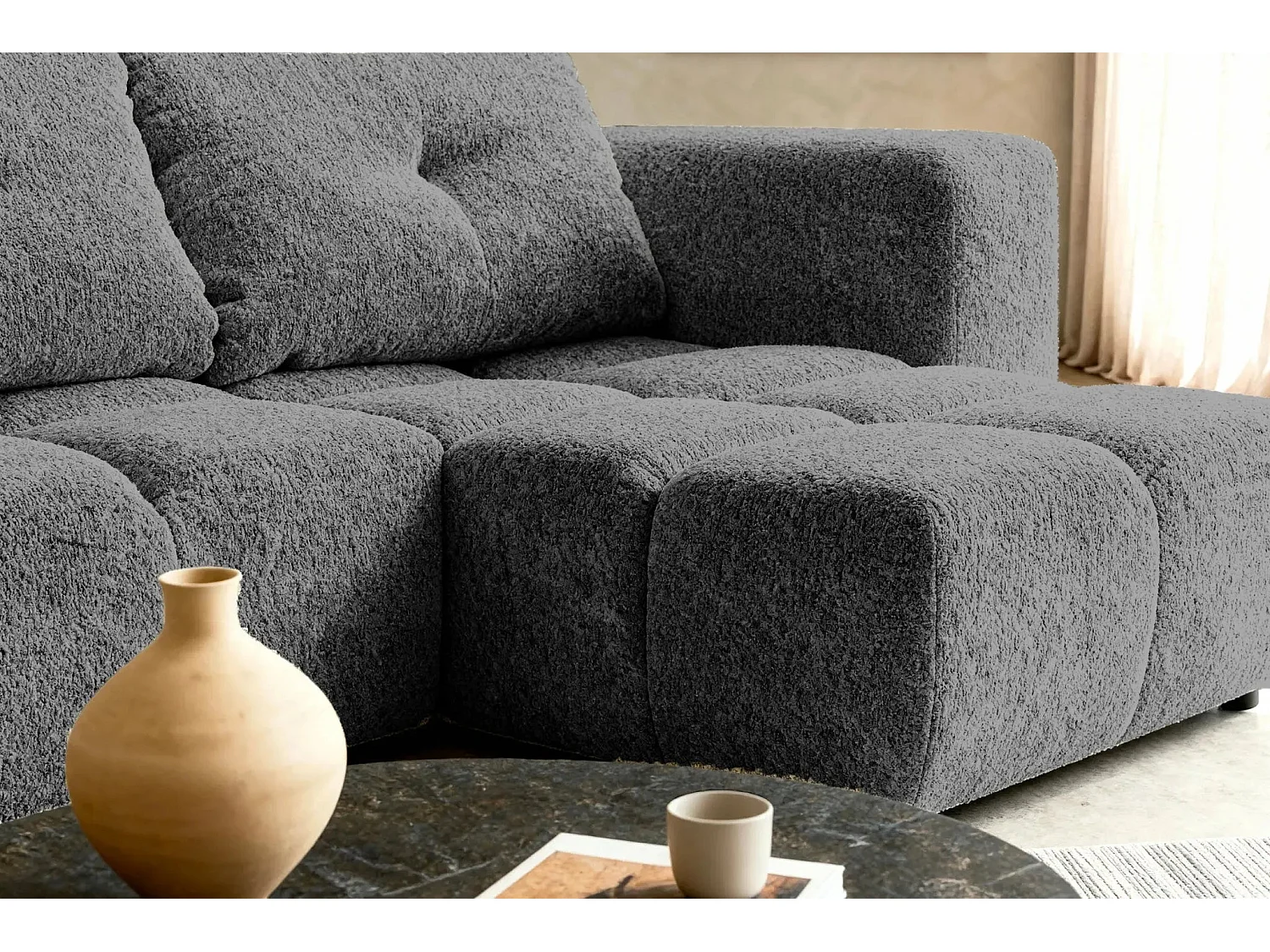 ROMY MINI - Canapé d'angle convertible tissu chenille 2 places Gris foncé