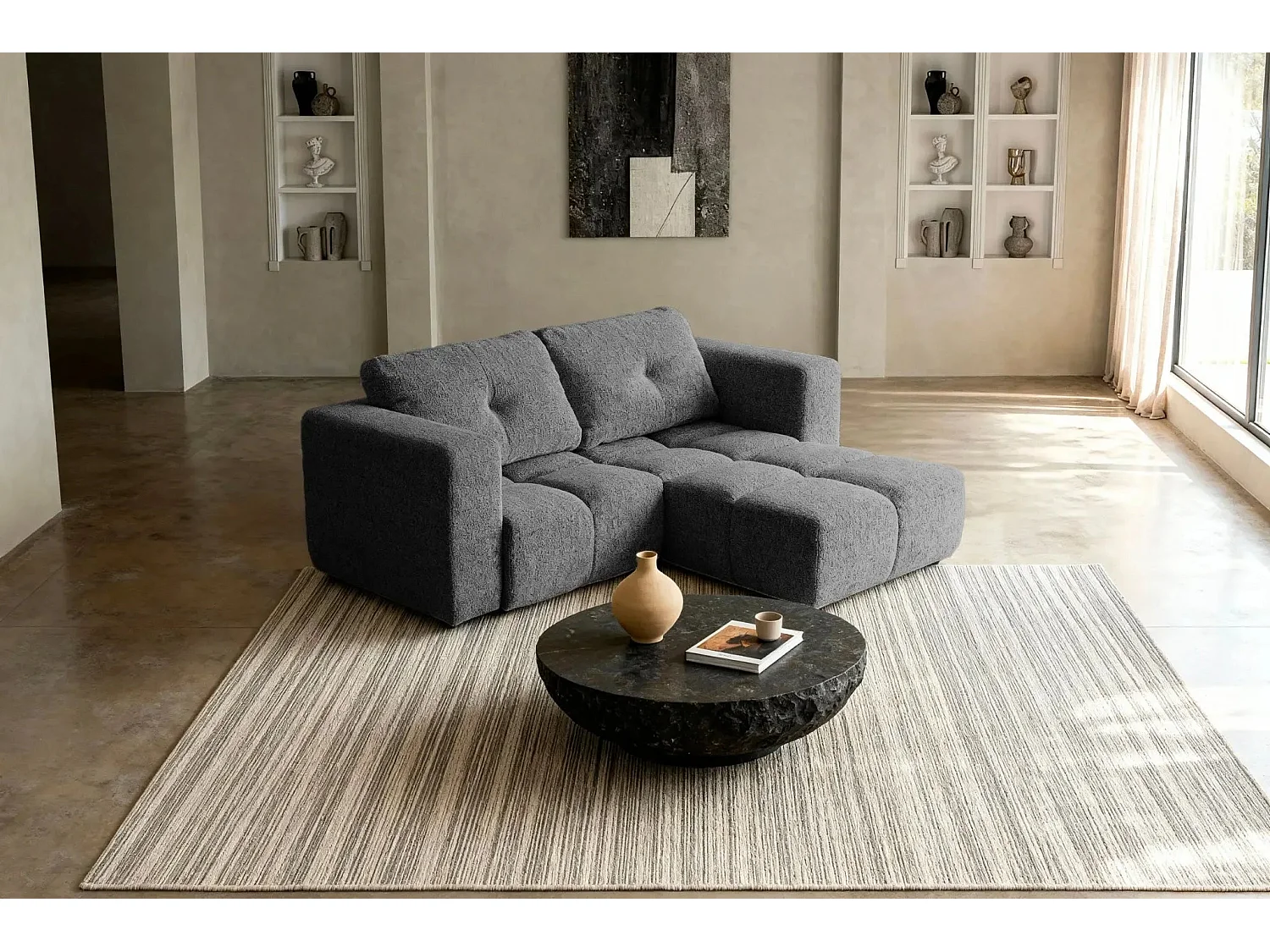 ROMY MINI - Canapé d'angle convertible tissu chenille 2 places Gris foncé