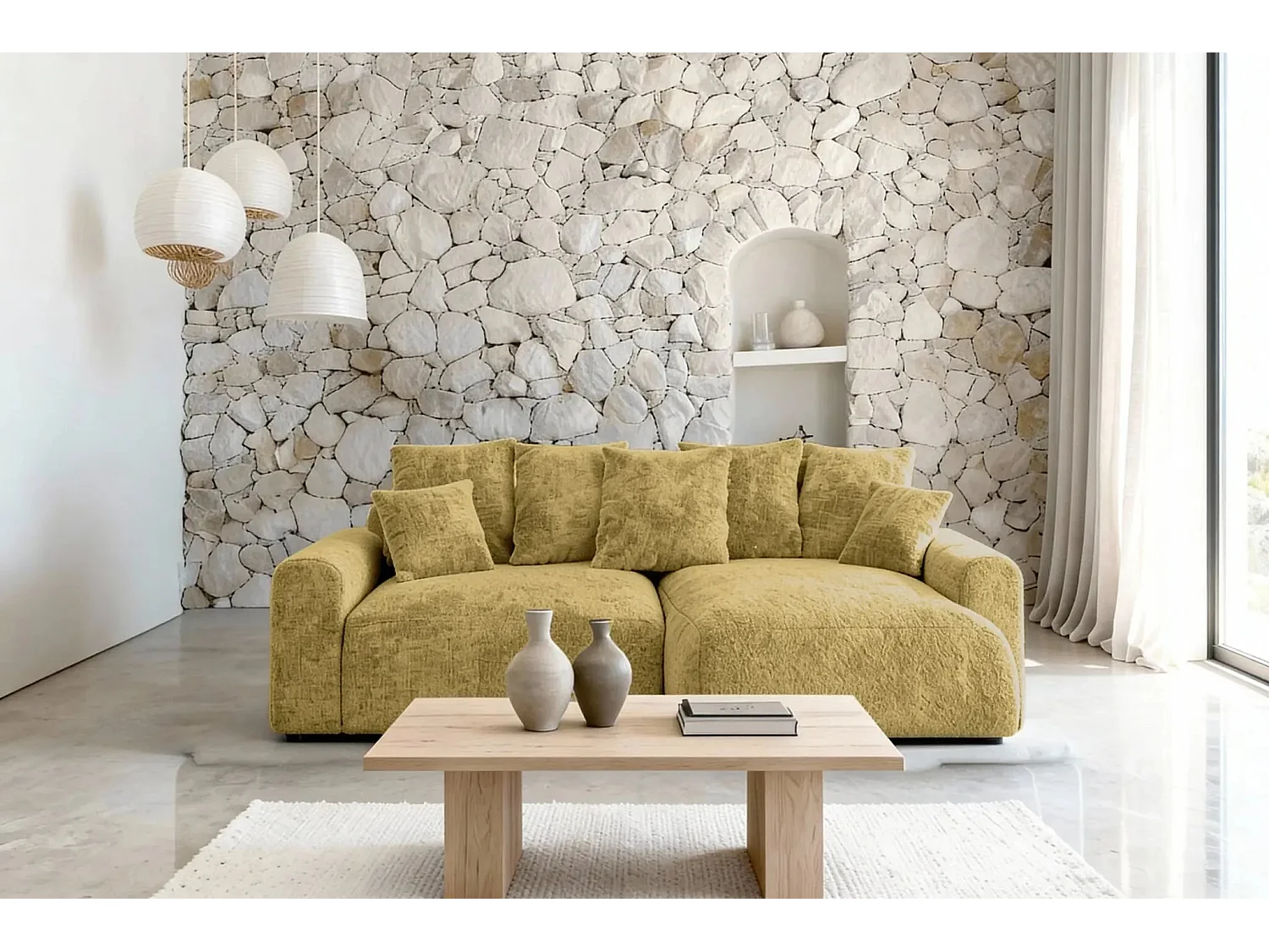 OLI - 4-zits hoekbank in chenille stof - Mustard