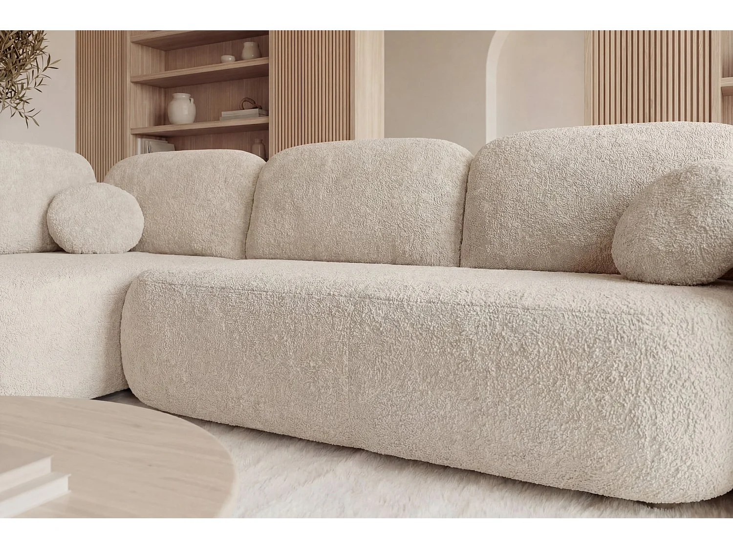 SANTIAGO L - Canapé d'angle convertible tissu bouclette Beige Gauche