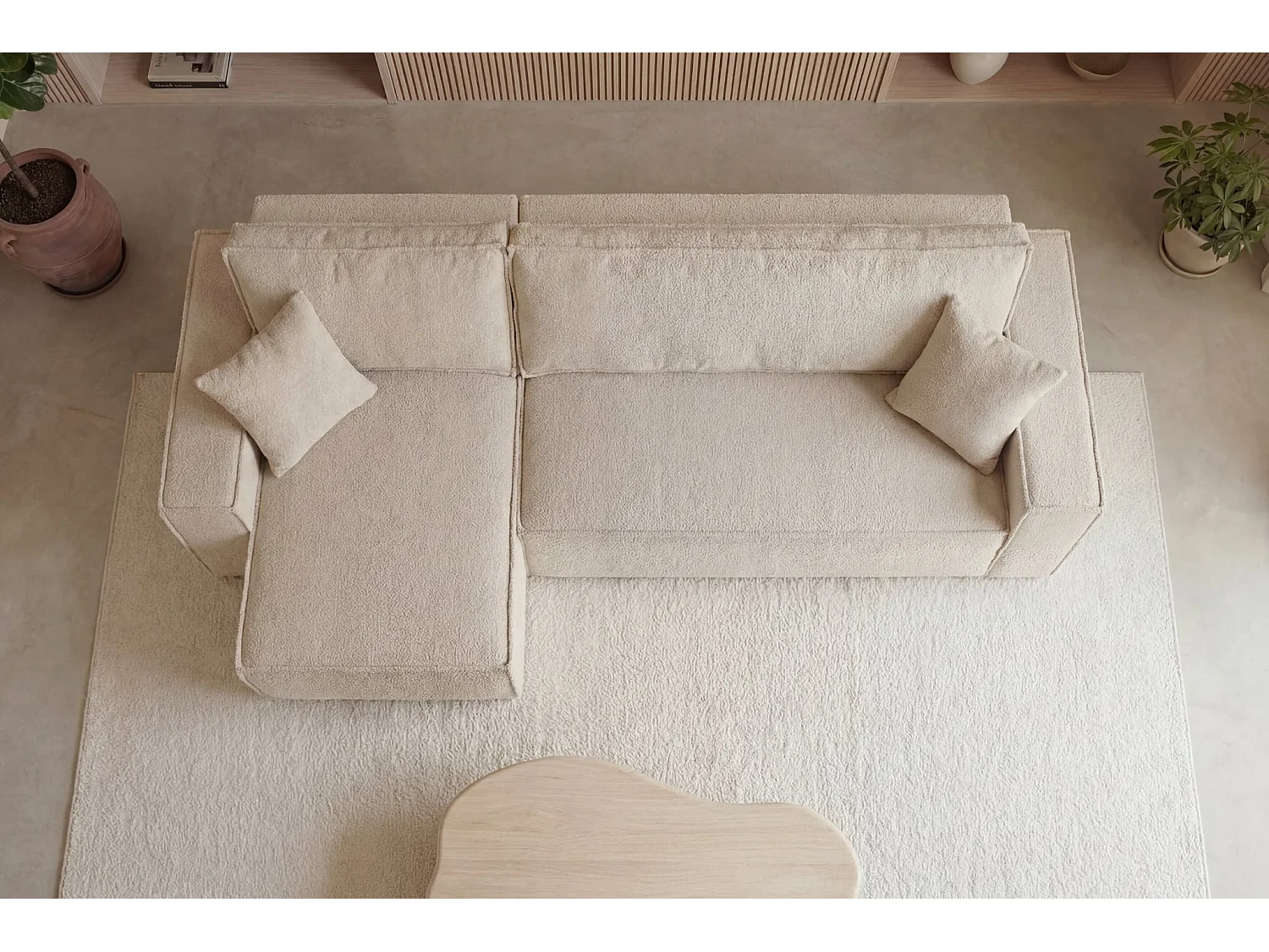 ROMEO - Canapé d'angle convertible tissu bouclette Beige