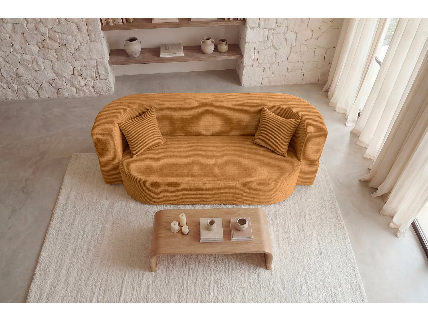VENEDA - Canapé droit convertible velours côtelé 3 places Moutarde