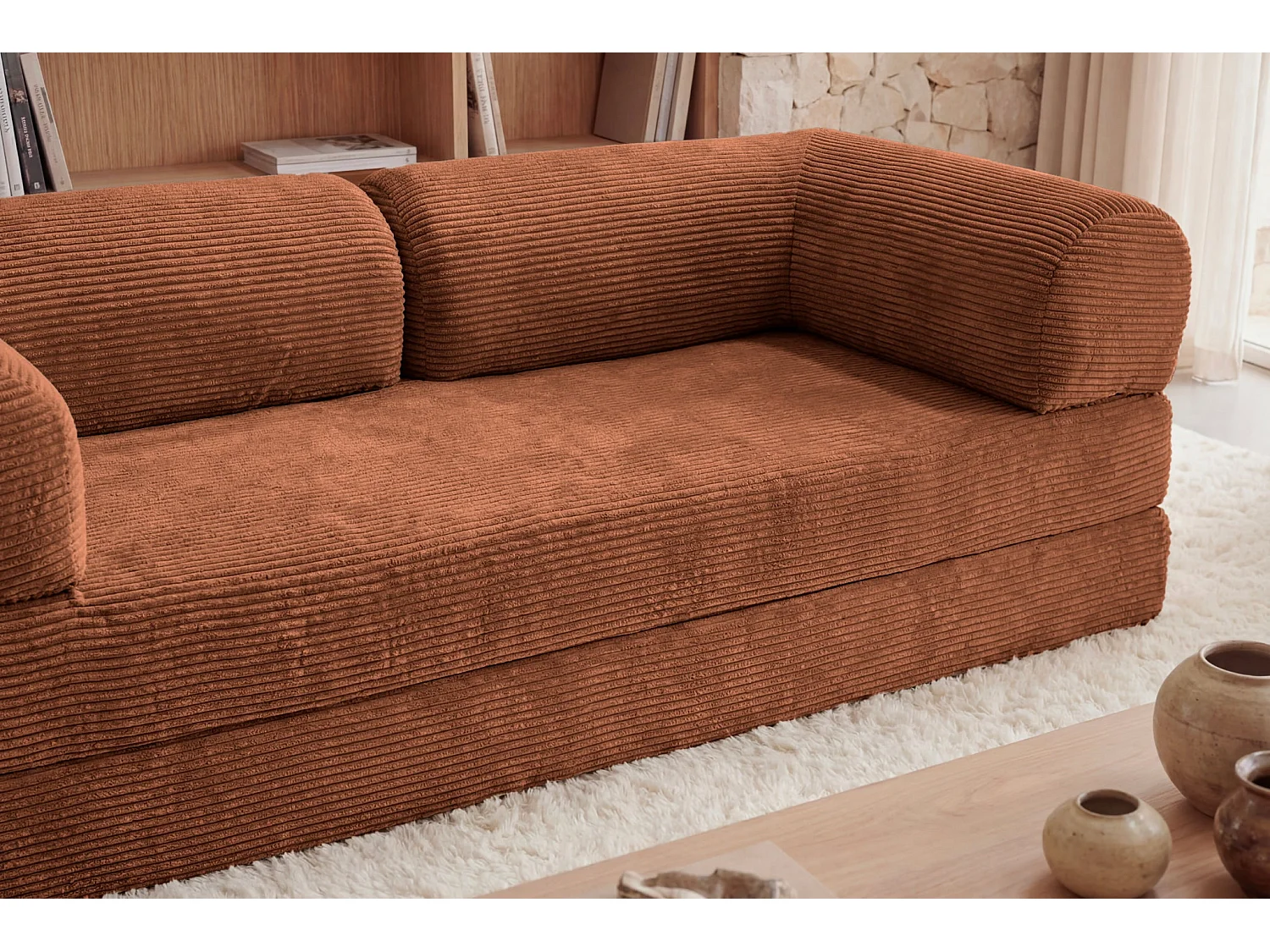 AMARA - 3-zits ribfluwelen slaapbank - Terracotta