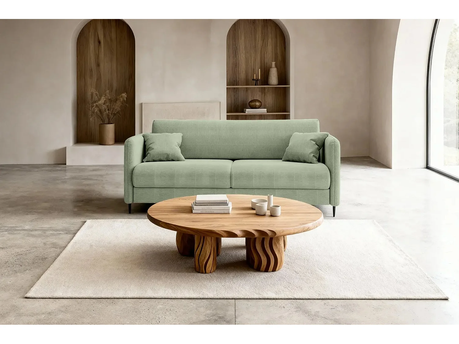 VICKY - Canapé droit convertible tissu lisse 2 places Vert