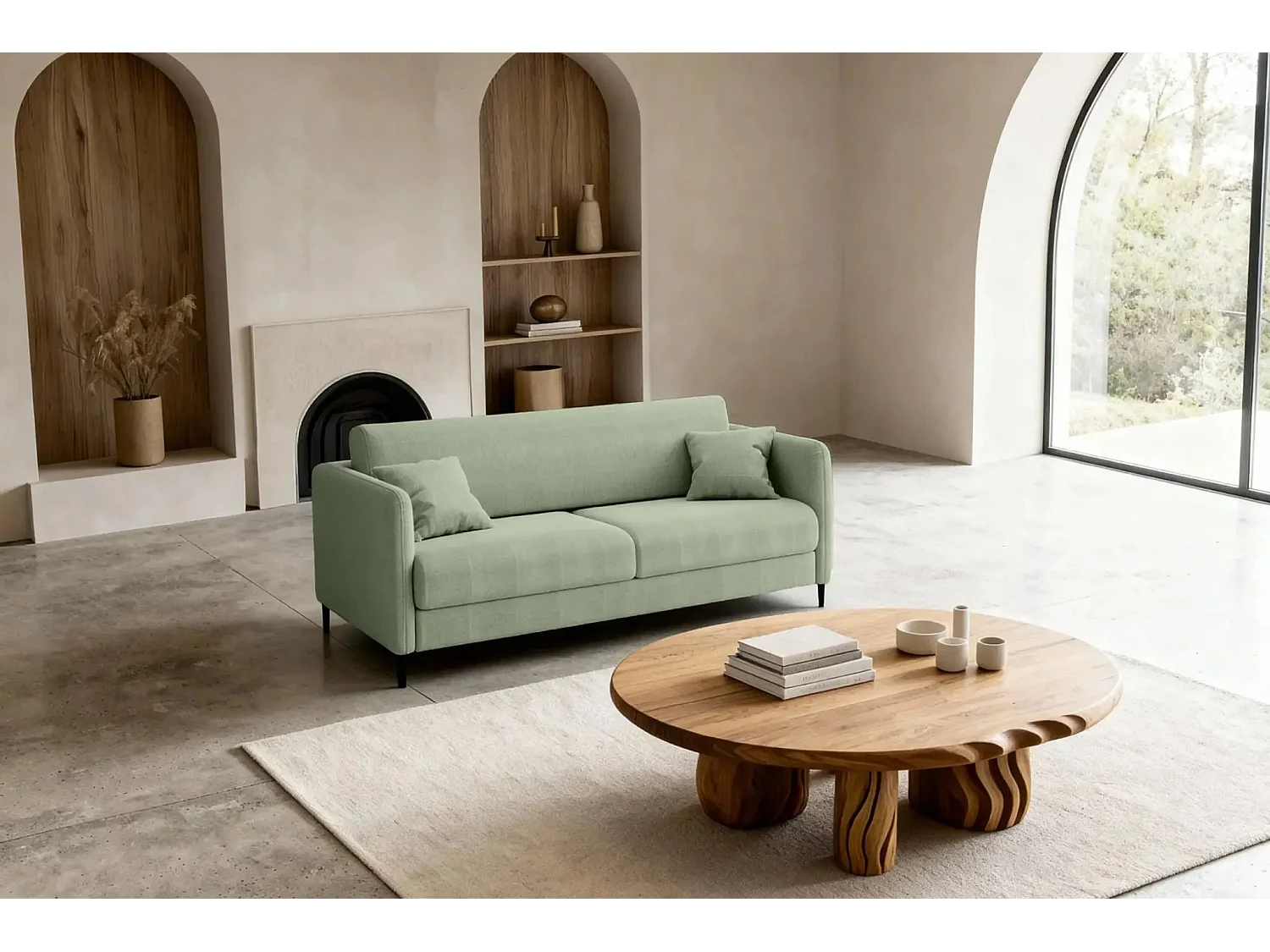 VICKY - Canapé droit convertible tissu lisse 2 places Vert