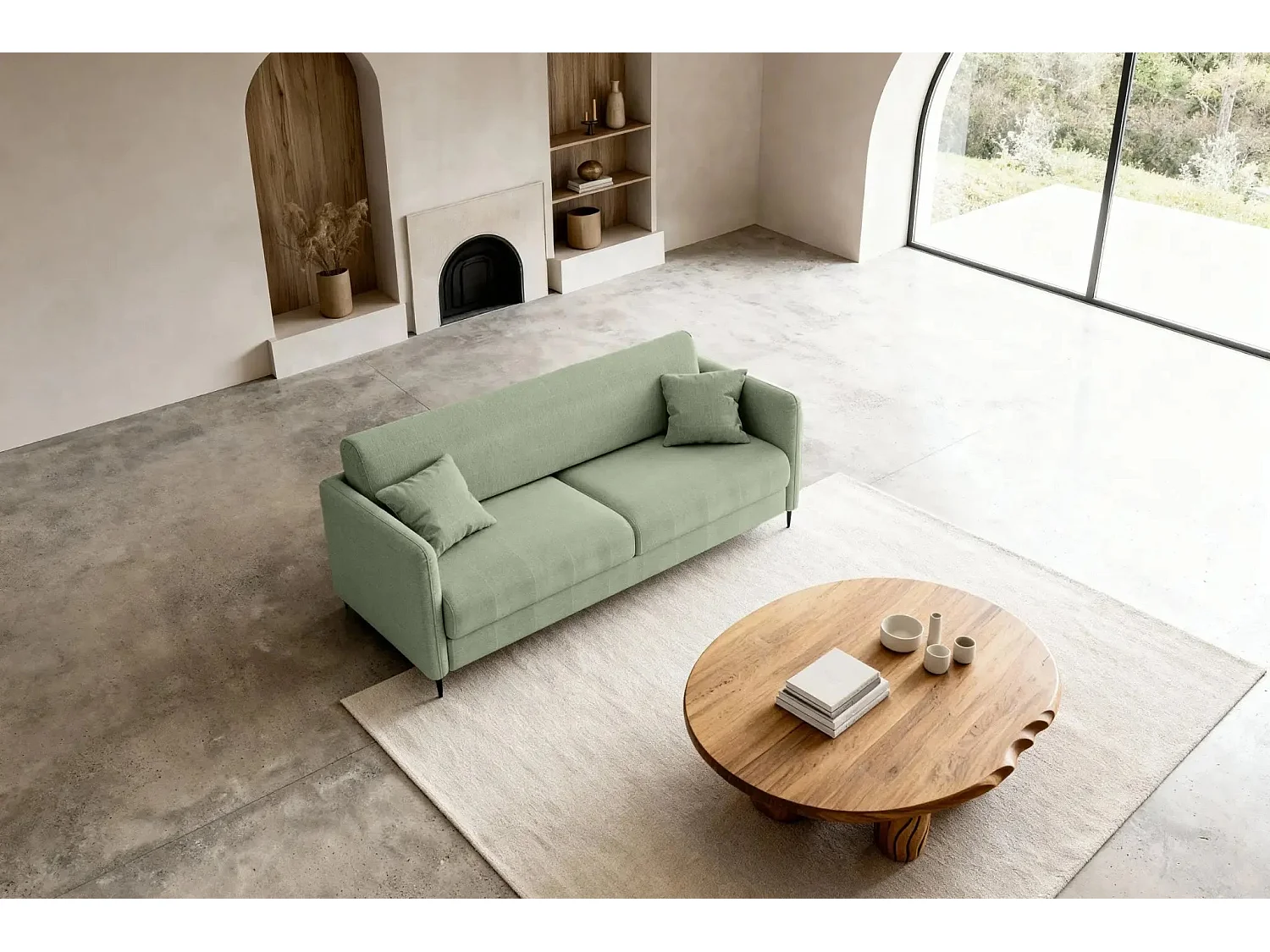 VICKY - Canapé droit convertible tissu lisse 2 places Vert