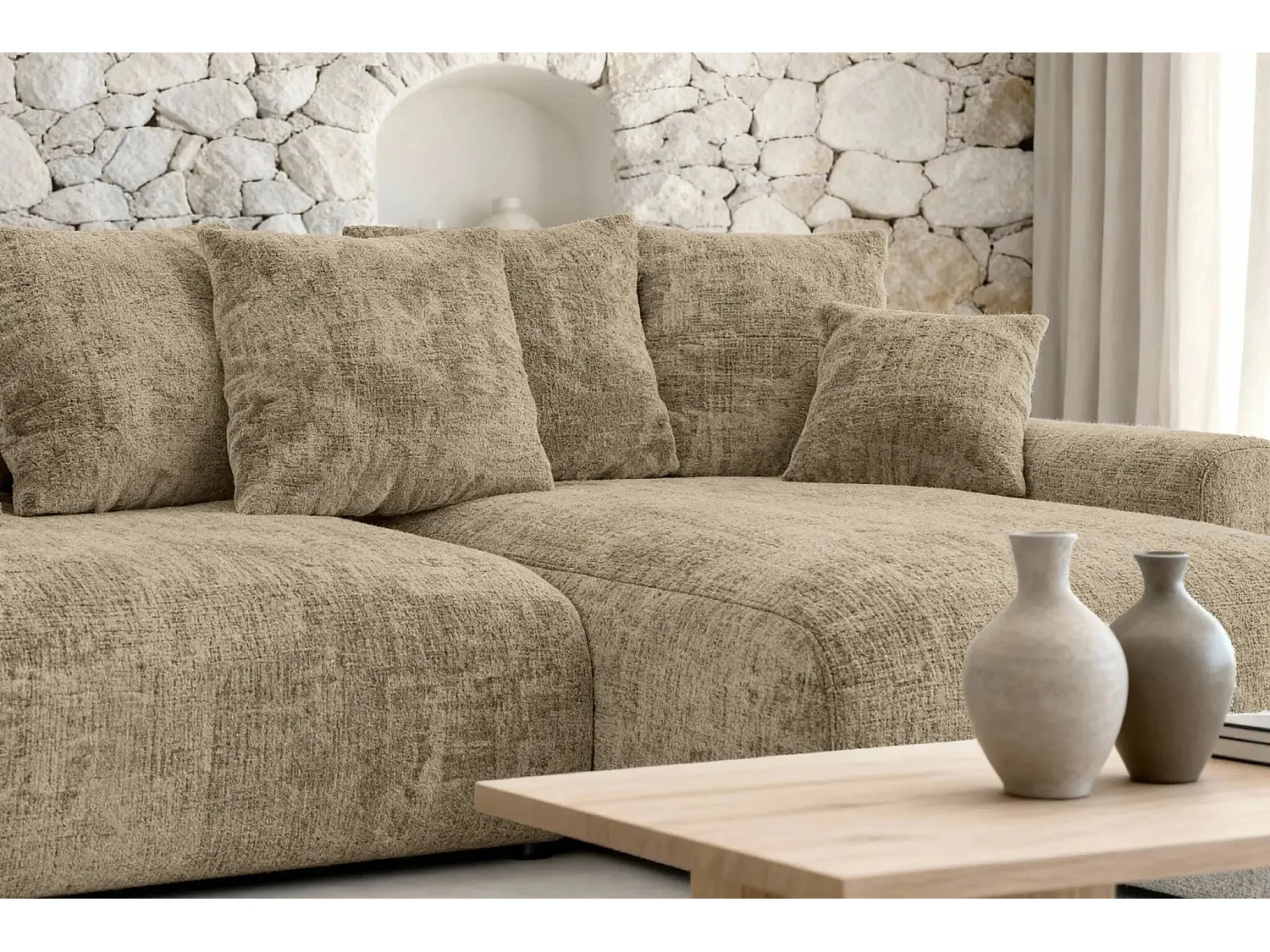OLI - Canapé d'angle convertible tissu chenille 4 places Café