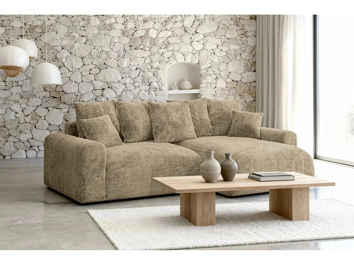 OLI - Canapé d'angle convertible tissu chenille 4 places Café