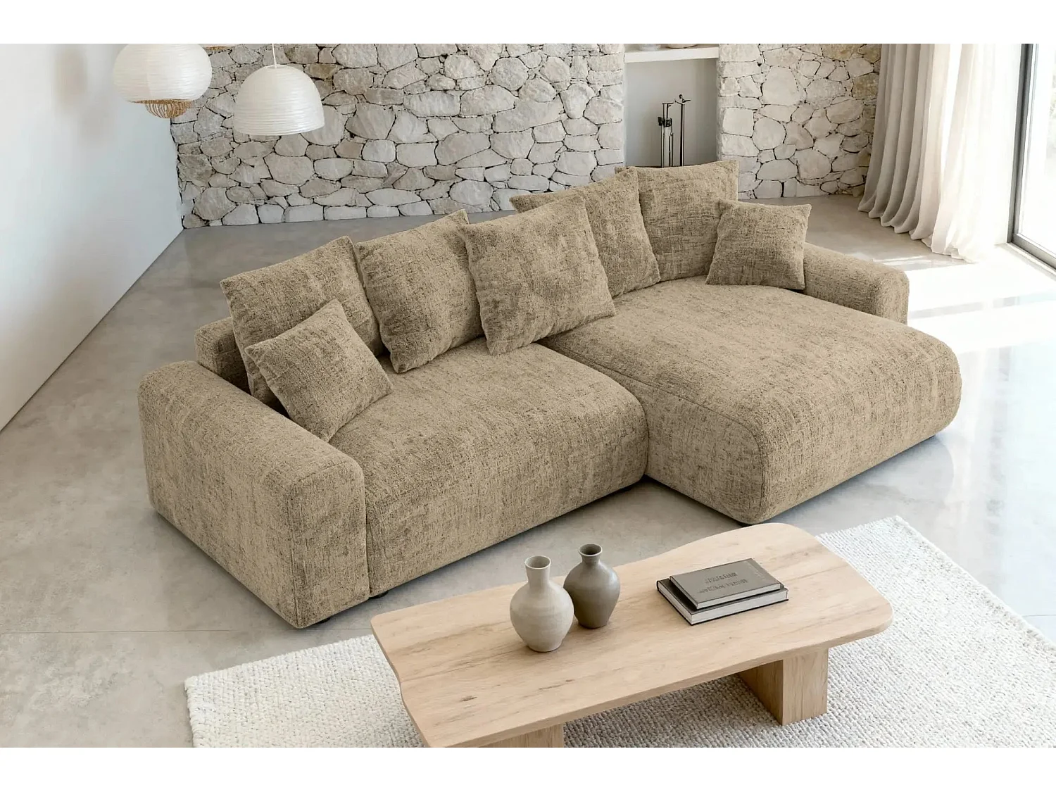 OLI - Canapé d'angle convertible tissu chenille 4 places Café