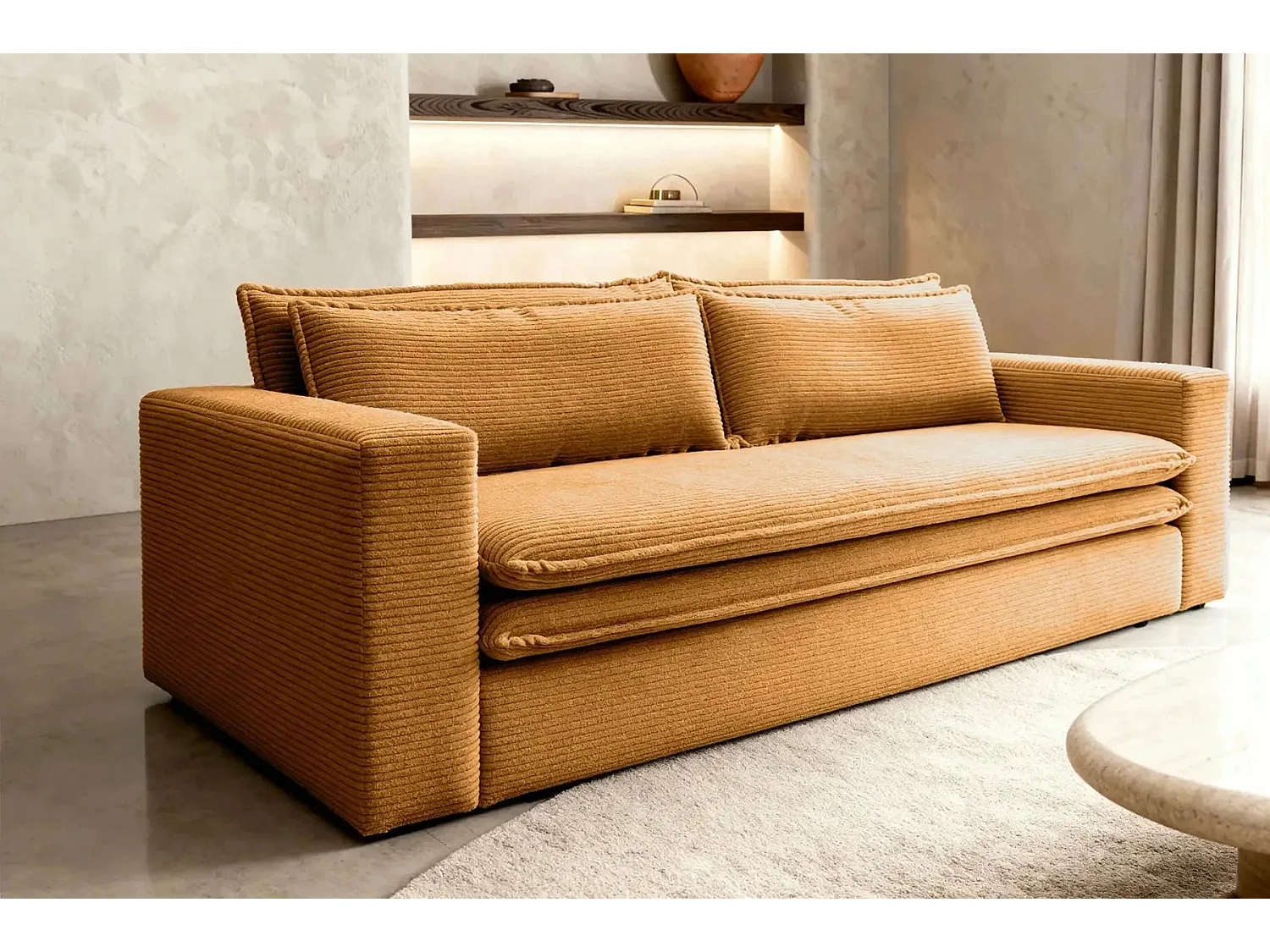 OSCAR PLUS - Canapé droit convertible velours côtelé 3 places Moutarde