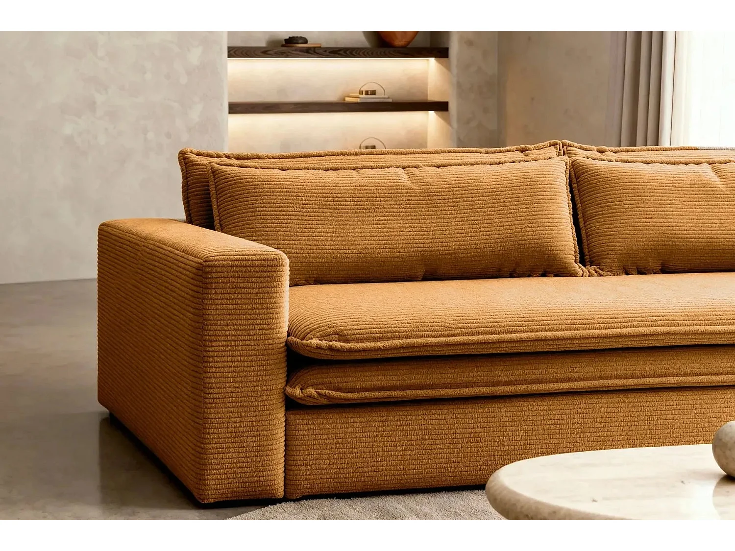 OSCAR PLUS - Canapé droit convertible velours côtelé 3 places Moutarde