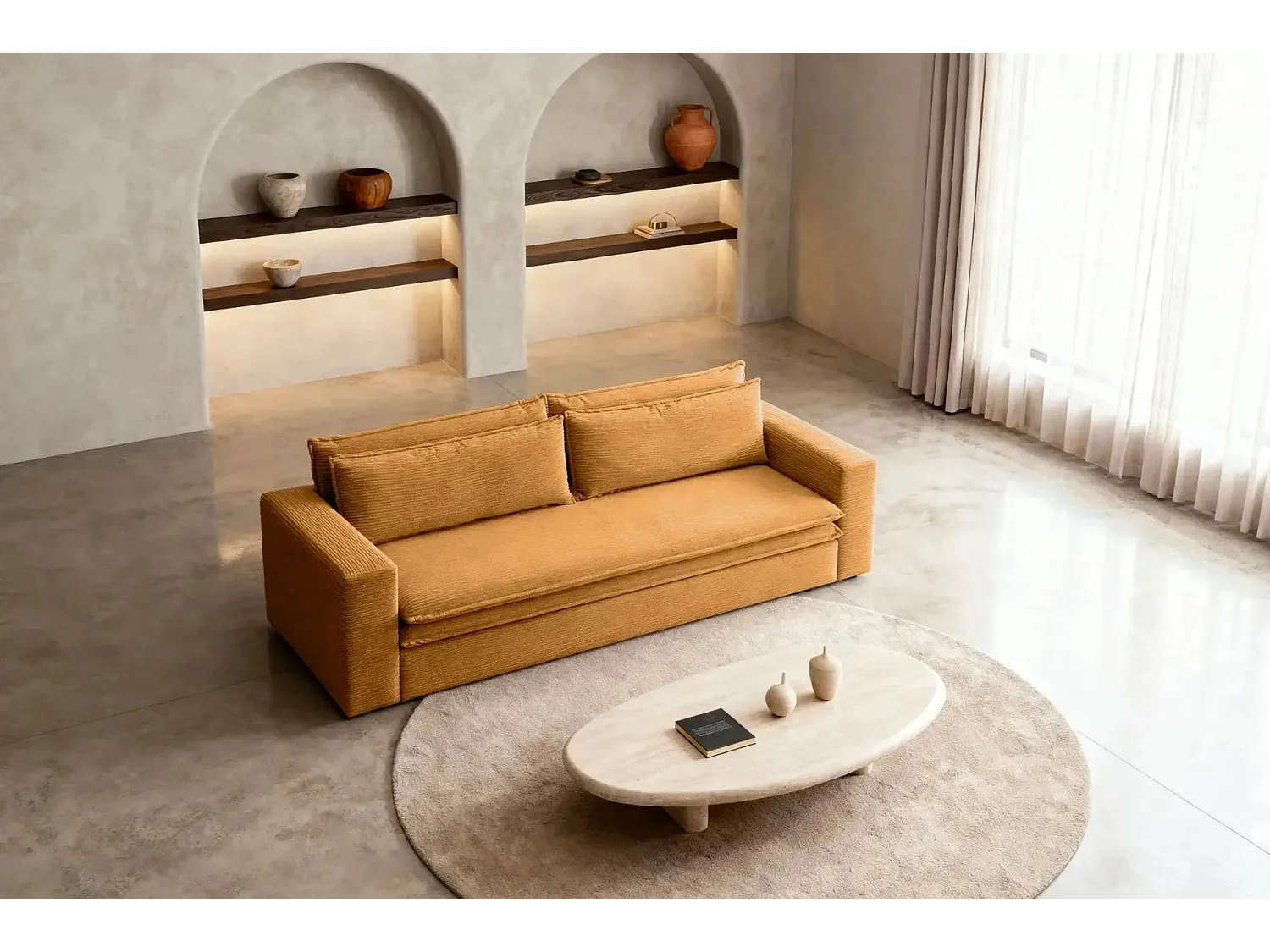 OSCAR PLUS - Canapé droit convertible velours côtelé 3 places Moutarde
