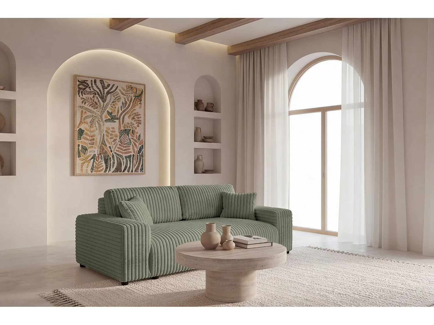 CAISA - Canapé droit convertible velours côtelé 3 places - Vert