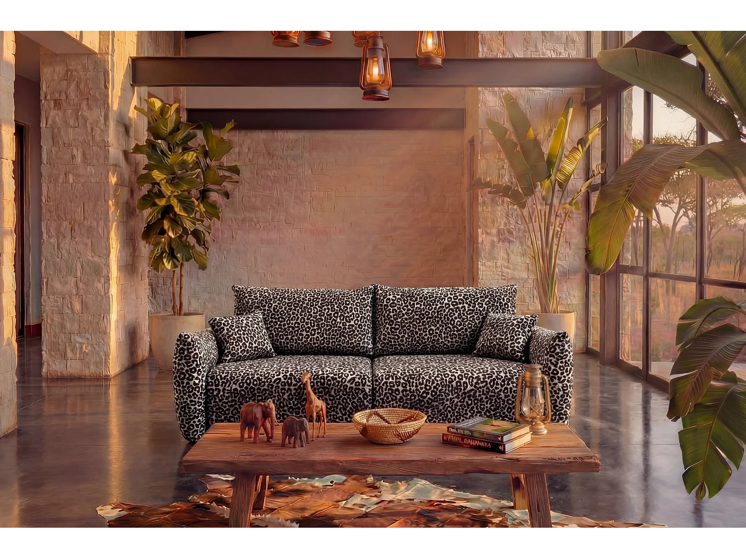 ELIO - Canapé droit convertible tissu imprimé animalier 3 places Blanc