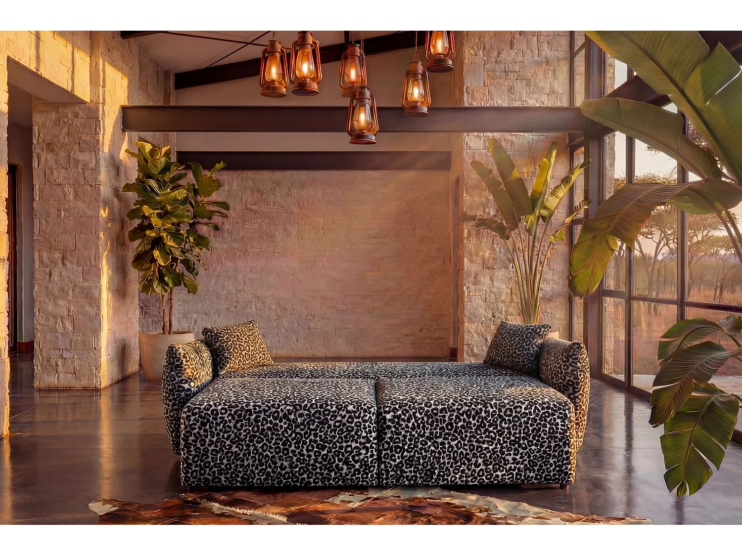 ELIO - Canapé droit convertible tissu imprimé animalier 3 places Blanc