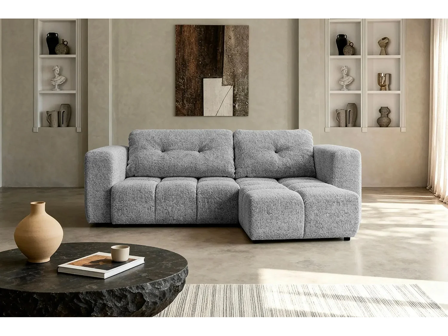 ROMY - Canapé d'angle convertible tissu chenille 3 places Gris clair
