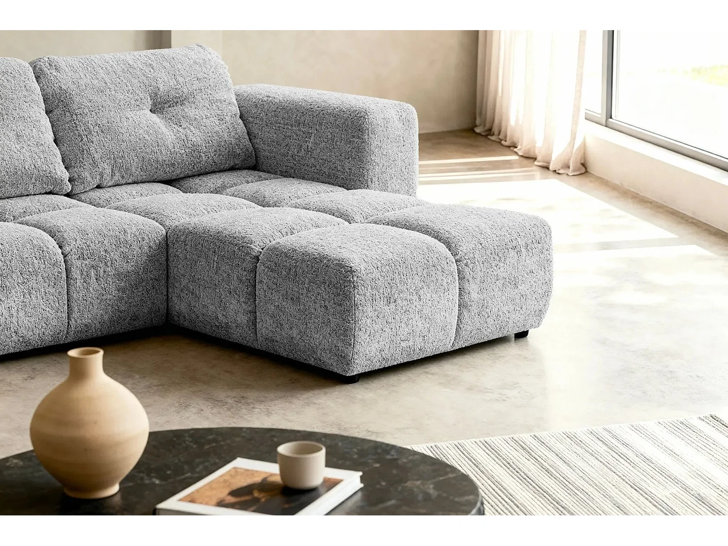 ROMY - Canapé d'angle convertible tissu chenille 3 places Gris clair