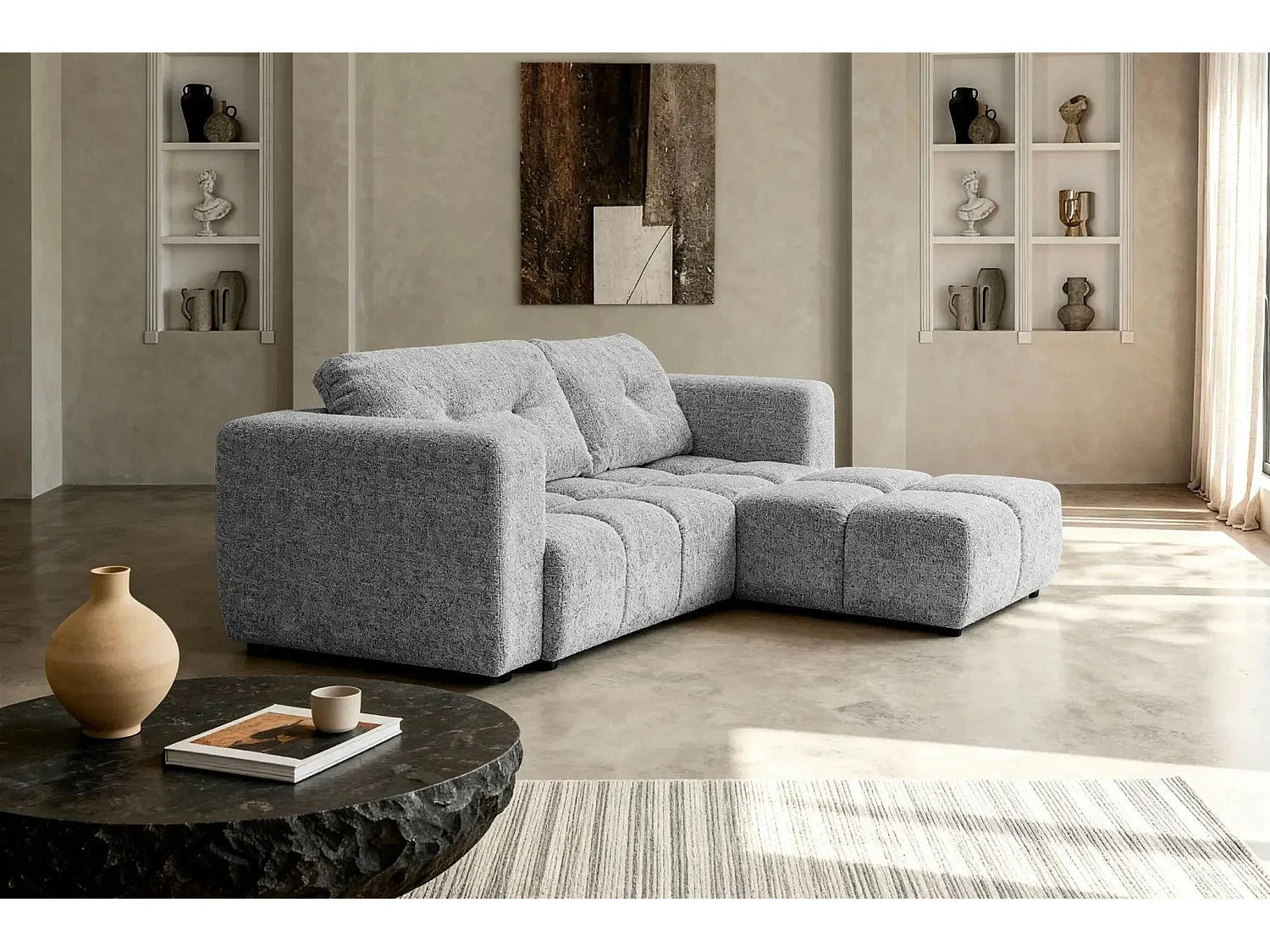 ROMY - Canapé d'angle convertible tissu chenille 3 places Gris clair