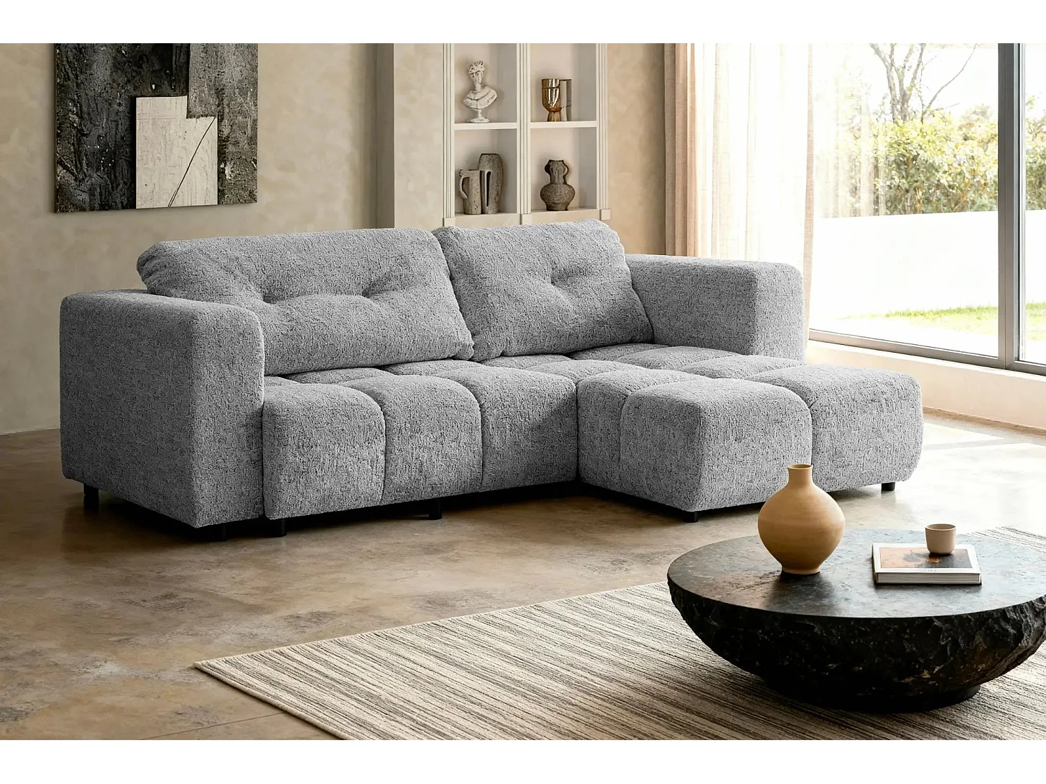 ROMY - Canapé d'angle convertible tissu chenille 3 places Gris clair
