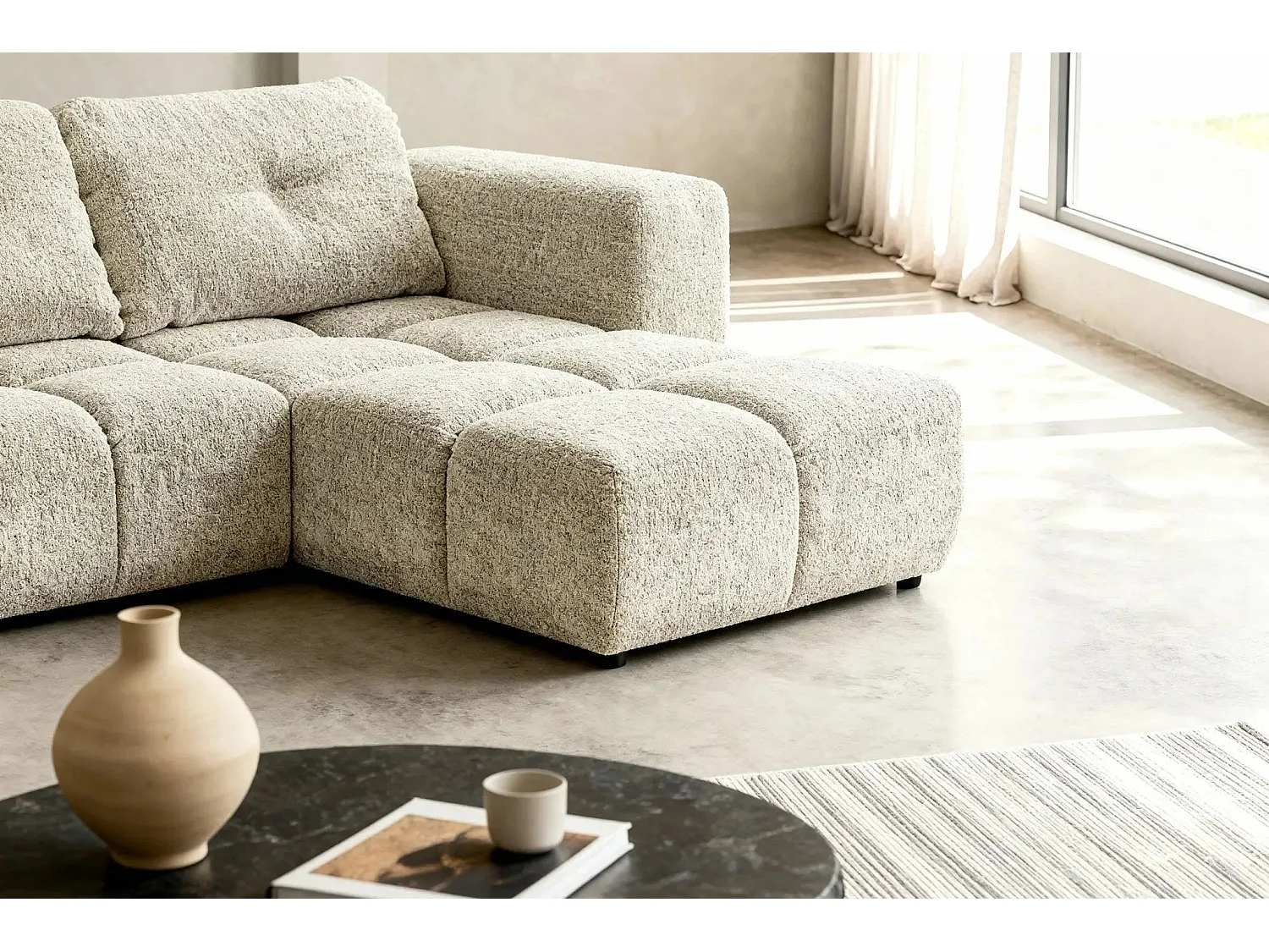 ROMY - Canapé d'angle convertible tissu chenille 3 places Beige