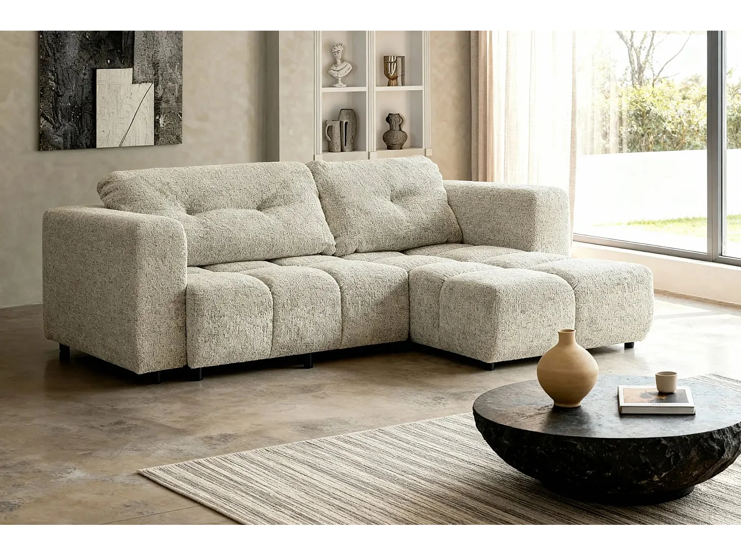 ROMY - Canapé d'angle convertible tissu chenille 3 places Beige