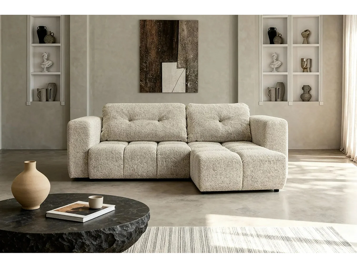 ROMY - Canapé d'angle convertible tissu chenille 3 places Beige